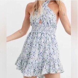 Aerie Blue Spring Fling Floral Halter Mini Dress Size NWOT